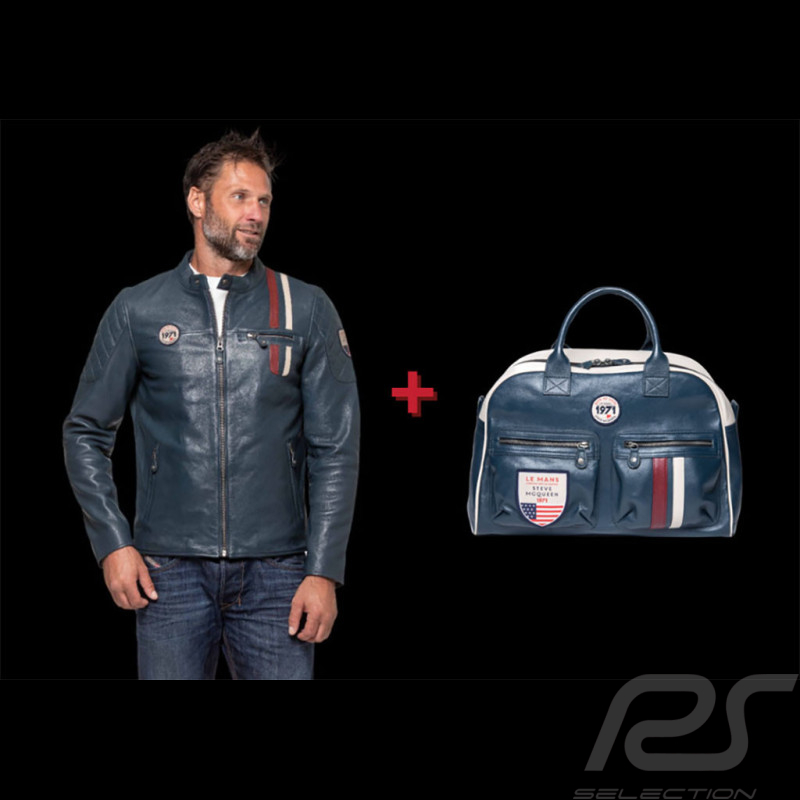 Duo Steve McQueen leather jacket 24h Le Mans + Leather Bag Royal Blue