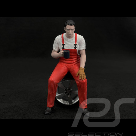 Figur Mann Mechaniker in der Pause auf dem Rad sitzend Diorama 1/18 Premium 18025