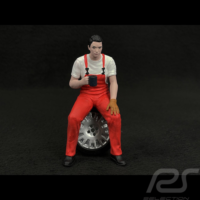 Figur Mann Mechaniker in der Pause auf dem Rad sitzend Diorama 1/18 Premium 18025-2