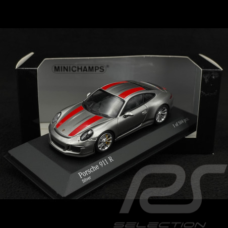 Porsche 911 R type 991 2016 argent Rhodium métallisé bandes rouges 1/43 Minichamps 410066222