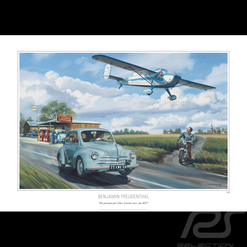 Poster Renault 4CV and NC.858 "Passing through Chez Lorette with my 4CV" Original Drawing by Benjamin Freudenthal
