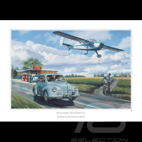 Poster Renault 4CV and NC.858 "Passing through Chez Lorette with my 4CV" Original Drawing by Benjamin Freudenthal