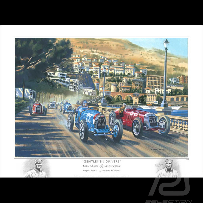 Poster Bugatti Type 51 and Maserati 8C-2500 GP Monaco 1931 Original Drawing by Benjamin Freudenthal