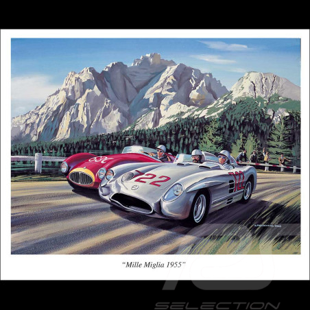 Affiche Mercedes 300 SLR Moss et Jenkinson Mille Miglia 1955 dessin original de Benjamin Freudenthal