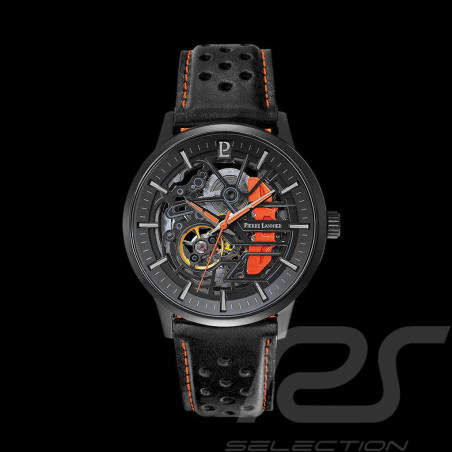 Automatic Watch Pierre Lannier Paddock Made in France Leather bracelet Black / Orange Racing 341A455