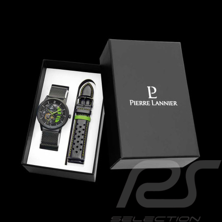 Coffret Montre automatique Pierre Lannier Paddock Fabriqué en France Bracelet Cuir Métal Noir / Vert 385C479