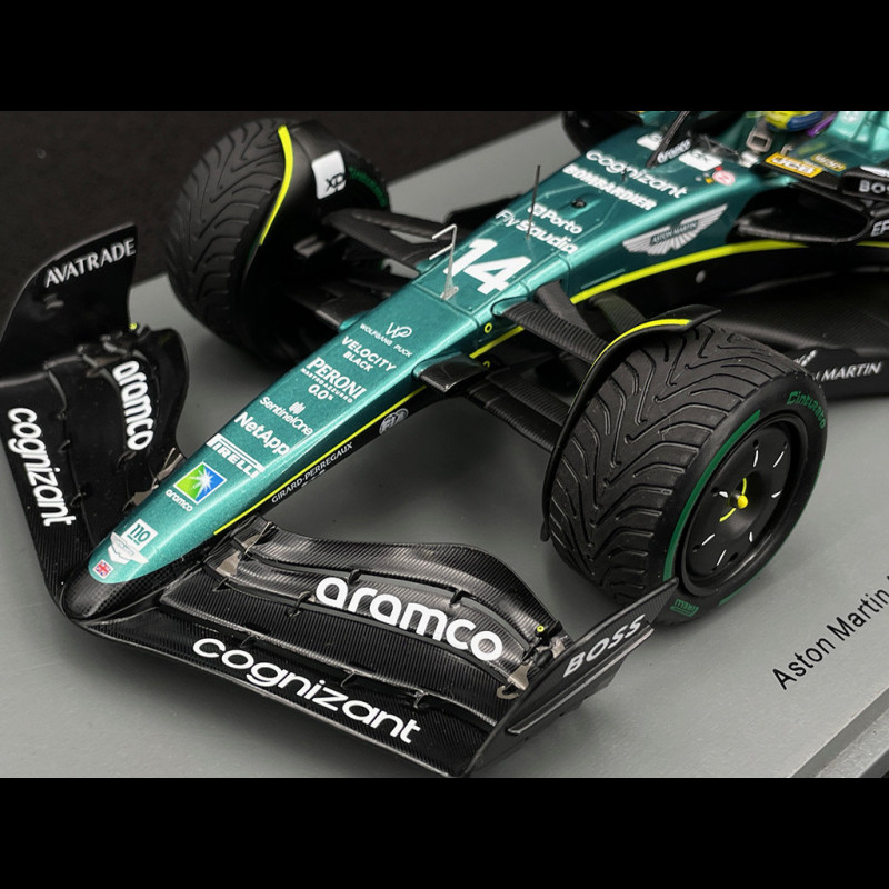 Miniature Spark 1:18 – Aston Martin AMR23 #14 Fernando Alonso, GP Monaco 2023, édition De Collection Avec Présentoir