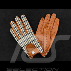 Gants de Conduite Racing en Cuir Pepita Pied de Poule Marron