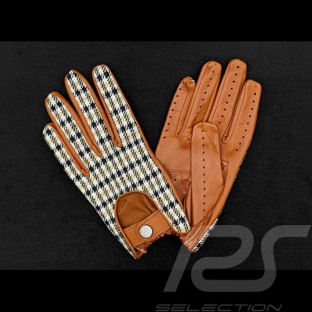 Gants de Conduite Racing en Cuir Pepita Pied de Poule Marron