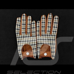 Gants de Conduite Racing en Cuir Pepita Pied de Poule Marron