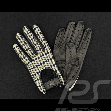 Gants de Conduite Racing en Cuir Pepita Pied de Poule Noir