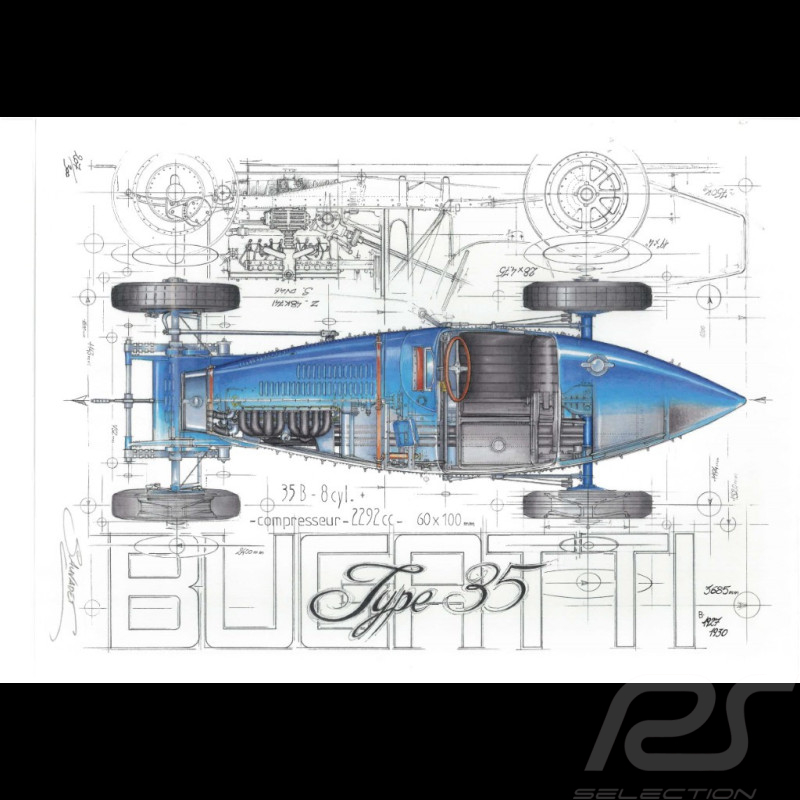 Bugatti Type 35 1927 Original Zeichnung von Sébastien Sauvadet