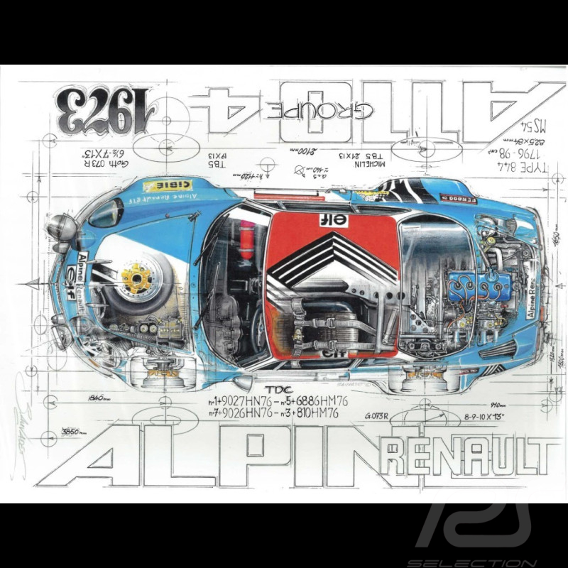 Alpine A110 1800 n° 1 Winner Tour de Corse 1973 original drawing by Sébastien Sauvadet
