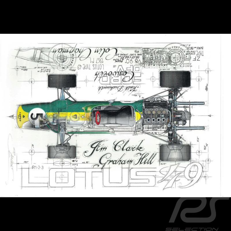 Lotus 49 n° 5 Sieger GP Niederlande 1967 Original Zeichnung von Sébastien Sauvadet