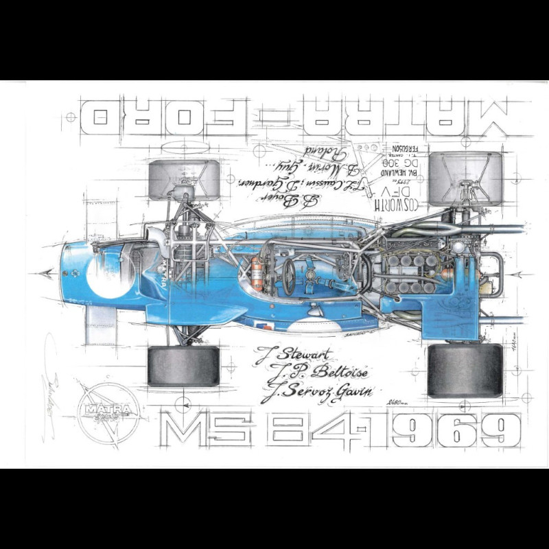 Jackie Stewart Matra MS84 n° 2 World Champion 1969 original drawing by ...