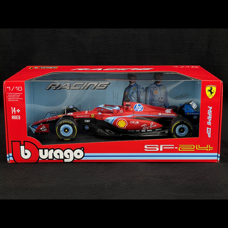 Modellino Ferrari SF-24 Leclerc F1 2024 Scala 1:18 Burago - Edizione Miami GP, Colori Rosso Nero Azzurro