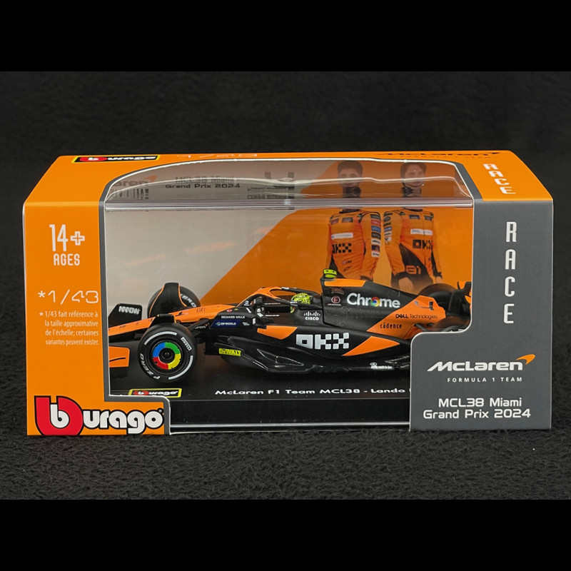 McLaren Formula 1 Team MCL38 Miami Grand Prix 2024 No.4 Lando Norris avec figurine - Bburago