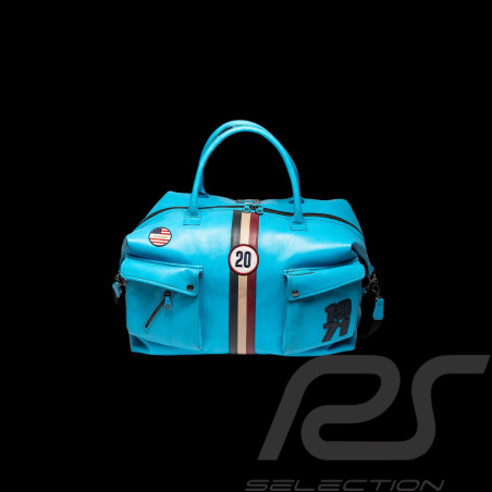 Sac de voyage cuir Steve McQueen Dean 6 72H Bleu Nordique - look racing vintage - ref 27658-0611