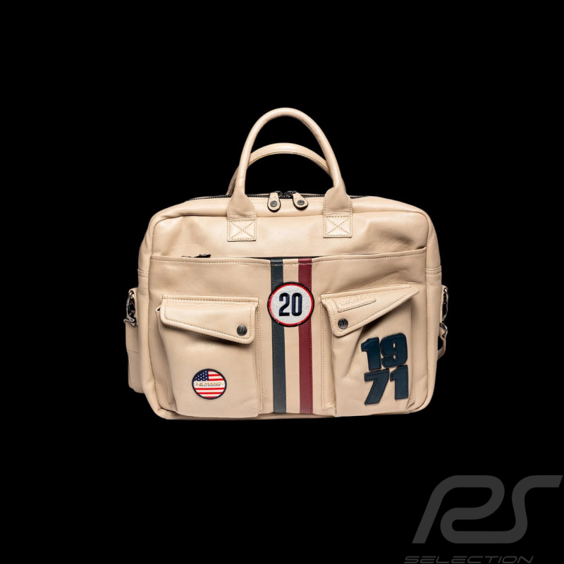 Steve McQueen Shoulder Bag Wayne 6 Ecru Leather – Retro Racing Look – Article ID 27665-2574