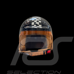 Helmet Glossy black with black and white chequered pattern – Beige leather reinforcement