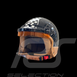 Helmet Glossy black with black and white chequered pattern – Beige leather reinforcement