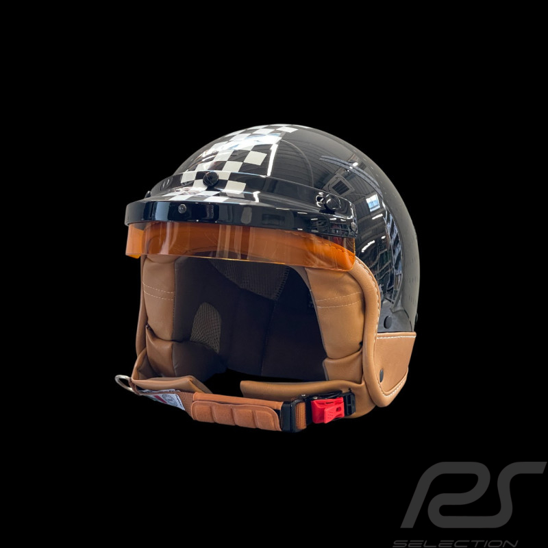 Casque Noir Brillant avec Damier Noir et Blanc - Renfort en cuir Beige