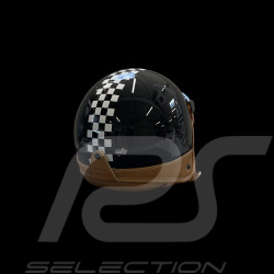 Casque Noir Brillant avec Damier Noir et Blanc - Renfort en cuir Beige