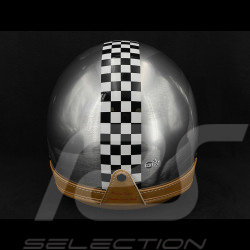 Casque Gris effet Acier Brossé avec Damier Noir et Blanc - Renfort en cuir beige Casque Gris effet Acier Brossé avec Damier Noir et Blanc - Renfort en cuir beige