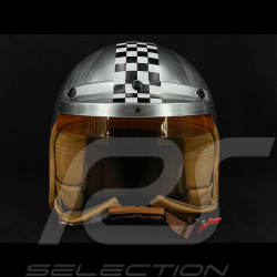Grey helmet with brushed steel effect and White Checkerboard - Beige Leather Reinforcement