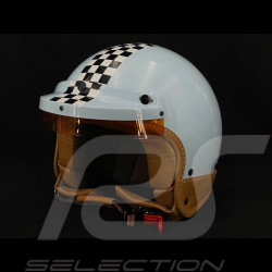 Casque Vintage Bleu Céleste avec Damier Noir et Blanc - Renfort en cuir beige