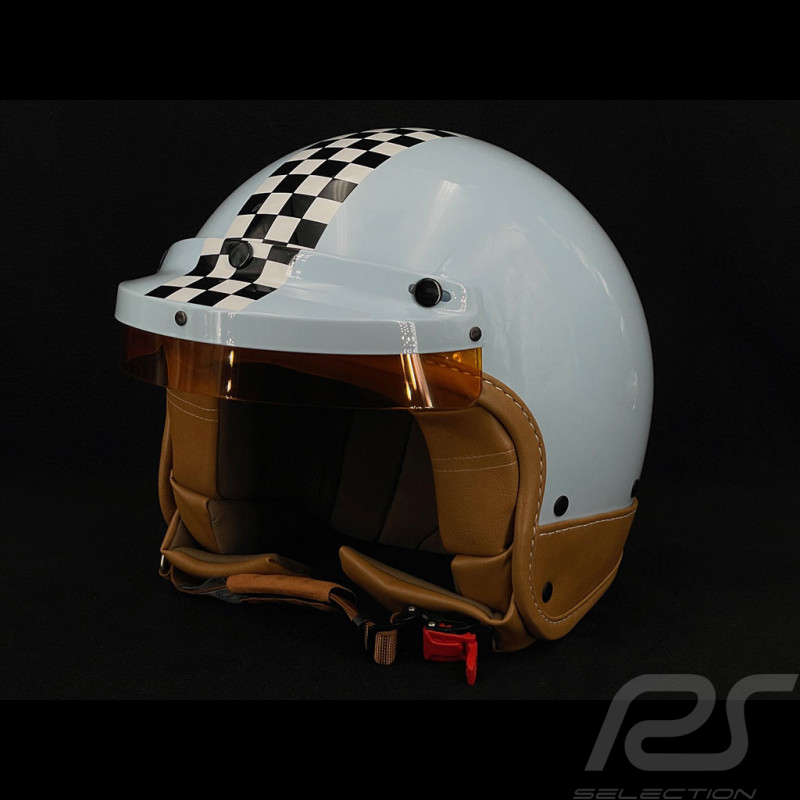 Casque Vintage Bleu Céleste avec Damier Noir et Blanc - Renfort en cuir beige