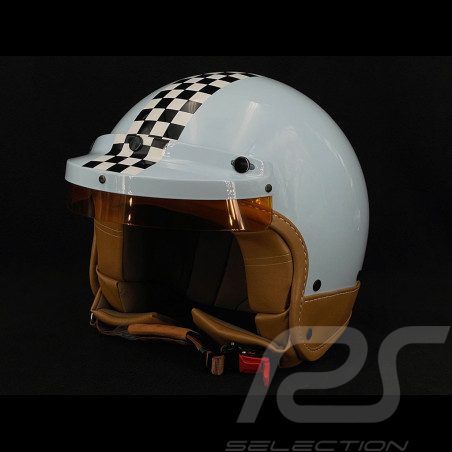 Helm Vintage in Himmelsblau mit schwarz-weißem Schachbrettmuster – Verstärkung aus beigem Leder