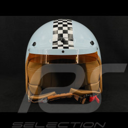 Casque Vintage Bleu Céleste avec Damier Noir et Blanc - Renfort en cuir beige