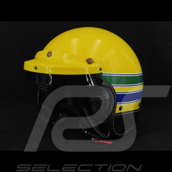 Casque Inspiration Ayrton SENNA Jaune avec Bandes bleu et vert - Renfort en cuir Noir