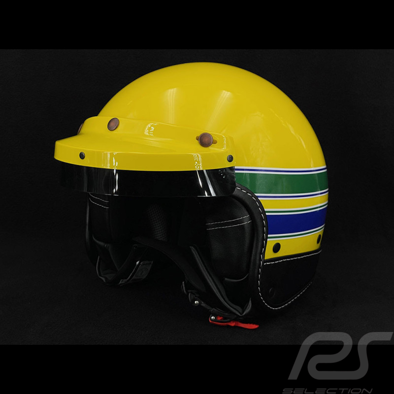Casque Inspiration Ayrton SENNA Jaune avec Bandes bleu et vert - Renfort en cuir Noir