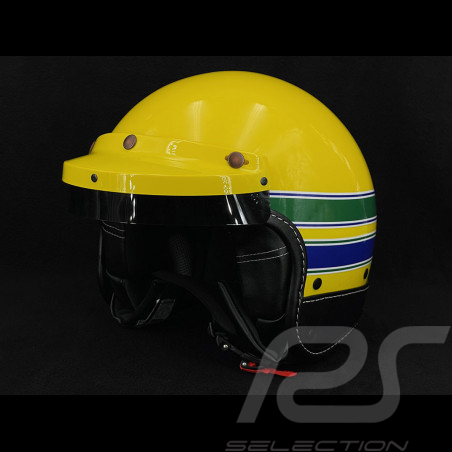Ayrton SENNA Inspiration Helm Gelb mit blauen und grünen Streifen - Schwarze Lederverstärkung