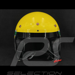 Casque Inspiration Ayrton SENNA Jaune avec Bandes bleu et vert - Renfort en cuir Noir