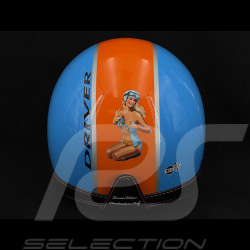 PIN UP Driver Helm Blauer in Kobaltblau mit orangefarbenem Streifen – Verstärkung aus schwarzem und orangem Leder