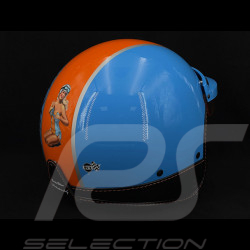 PIN UP Driver Helmet in Cobalt Blue with orange stripe – Black and orange leather reinforcement