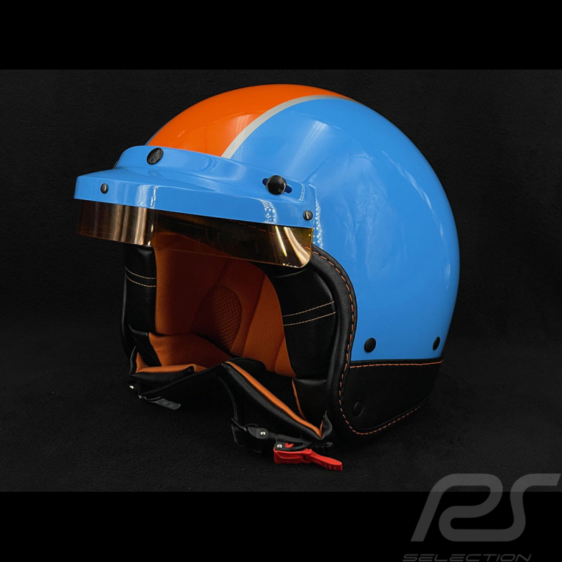 PIN UP Driver Helm Blauer in Kobaltblau mit orangefarbenem Streifen – Verstärkung aus schwarzem und orangem Leder