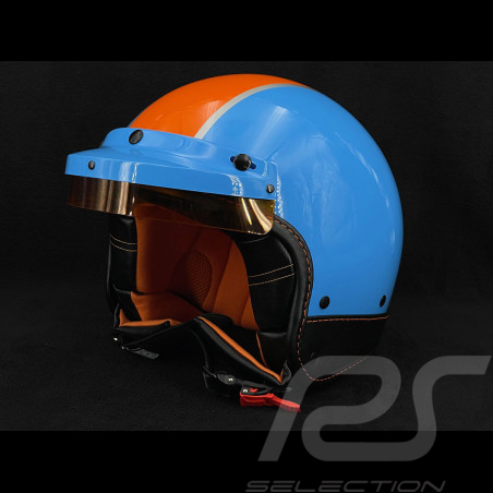 PIN UP Driver Helm Blauer in Kobaltblau mit orangefarbenem Streifen – Verstärkung aus schwarzem und orangem Leder