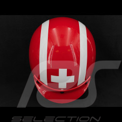 Casque Joseph Siffert Signature Rouge avec Bandes et Croix Blanche - Renfort en cuir Noir et Rouge