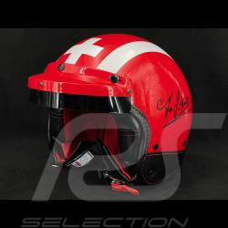 Casque Joseph Siffert Signature Rouge avec Bandes et Croix Blanche - Renfort en cuir Noir et Rouge
