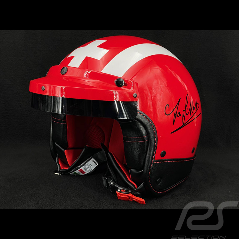 Casque Joseph Siffert Signature Rouge avec Bandes et Croix Blanche - Renfort en cuir Noir et Rouge