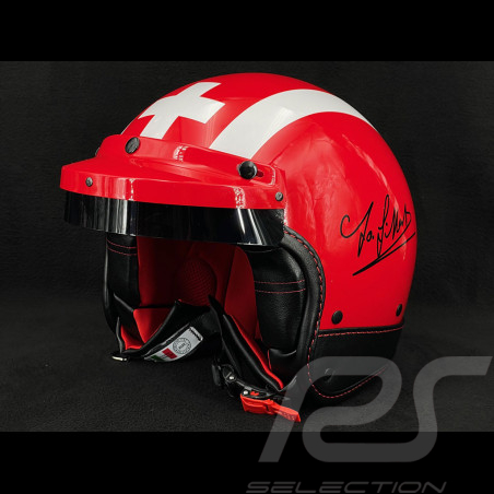 Joseph Siffert Rot Helm Signature mit weißen Streifen und Kreuz – Verstärkung aus schwarzem und rotem Leder