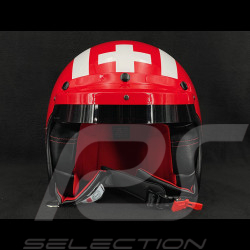 Casque Joseph Siffert Signature Rouge avec Bandes et Croix Blanche - Renfort en cuir Noir et Rouge