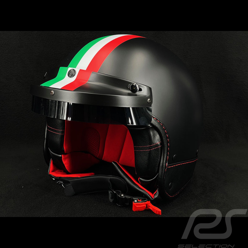 Casque Noir mat avec Bandes Verte Blanche et Rouge - Renfort en cuir Noir et Rouge