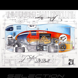 Banner Porsche 917 LH JWA Gulf n° 17 24h Le Mans 1971 original drawing by Sébastien Sauvadet