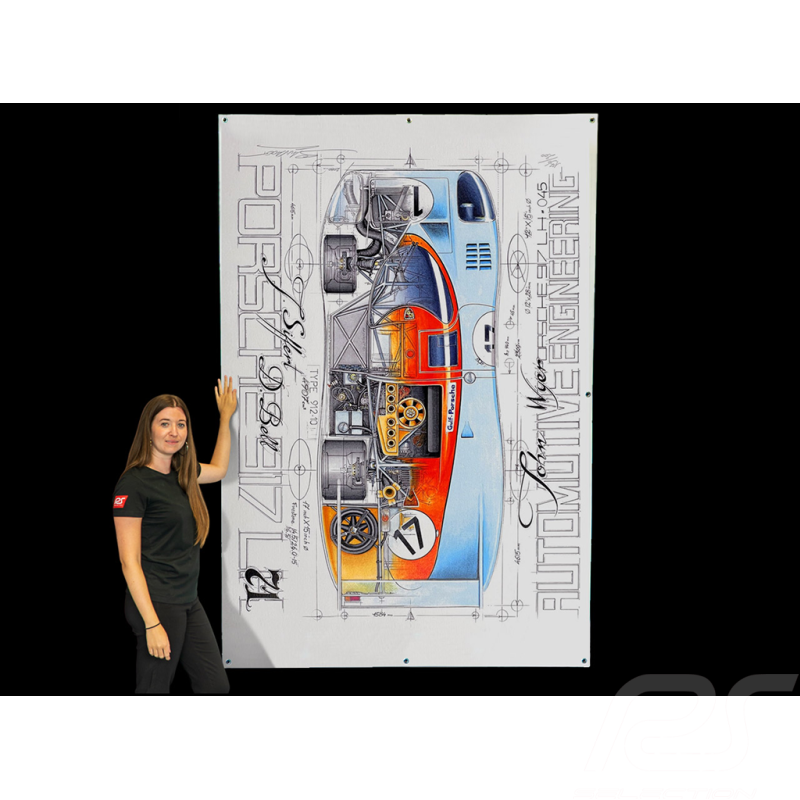Banner Porsche 917 LH JWA Gulf n° 17 24h Le Mans 1971 Originalzeichnung von Sébastien Sauvadet