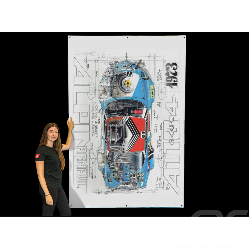 Banner Alpine A110 1800 n°1 Winner Tour de Corse 1973 original drawing by Sébastien Sauvadet